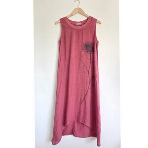 Laura Gotti Made in Italy Linen Maxi Dress Artsy Botanical Graphic Hi-Low lagen